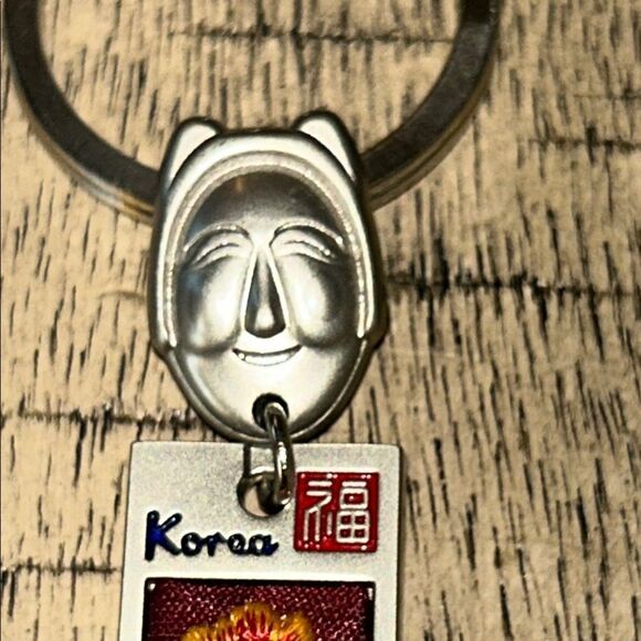 Silver Tone Korean Mask Keychain with Flower 🌺 Tag In Box 🗃️ engraved back Korea - Picture 13 of 17